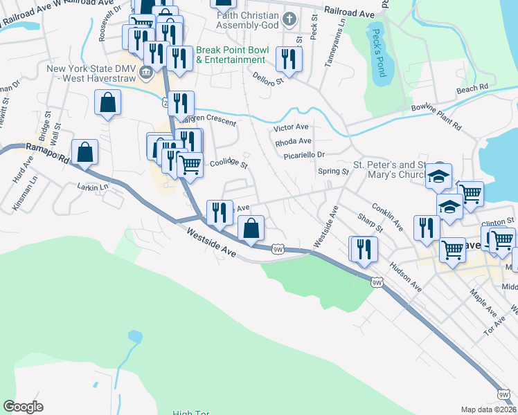 map of restaurants, bars, coffee shops, grocery stores, and more near 89 Gurnee Avenue in Haverstraw