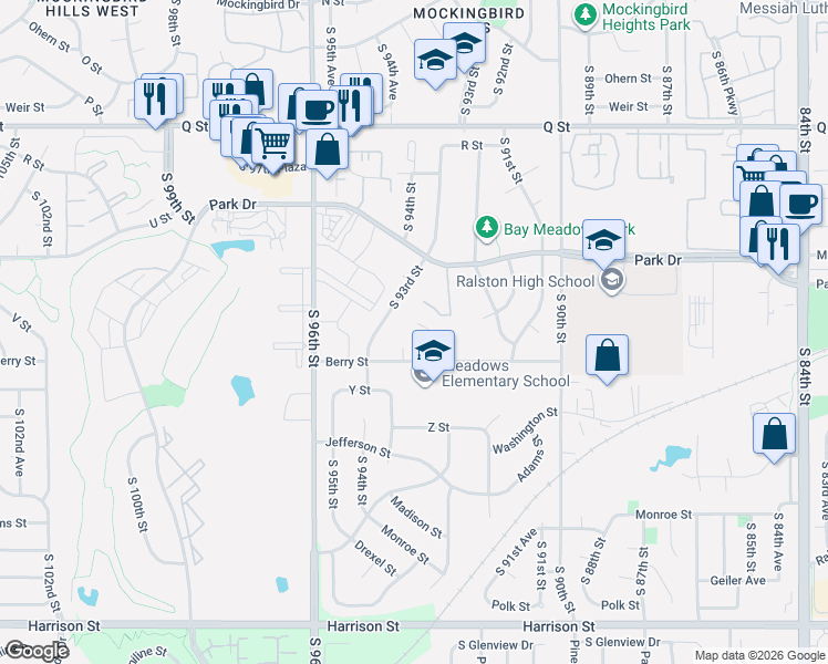 map of restaurants, bars, coffee shops, grocery stores, and more near 5805 South 92nd Avenue Circle in Omaha
