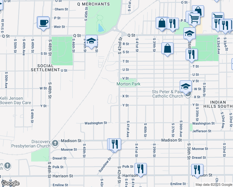 map of restaurants, bars, coffee shops, grocery stores, and more near 5910 South 42nd Street in Omaha