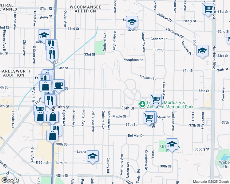 map of restaurants, bars, coffee shops, grocery stores, and more near 3506 South Madison Avenue in Ogden