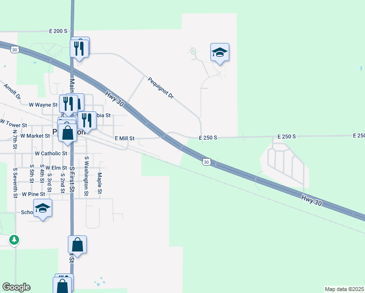 map of restaurants, bars, coffee shops, grocery stores, and more near 7700 U.S. 30 in Pierceton