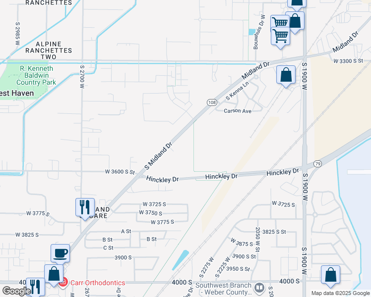 map of restaurants, bars, coffee shops, grocery stores, and more near 3576 Midland Drive in Roy