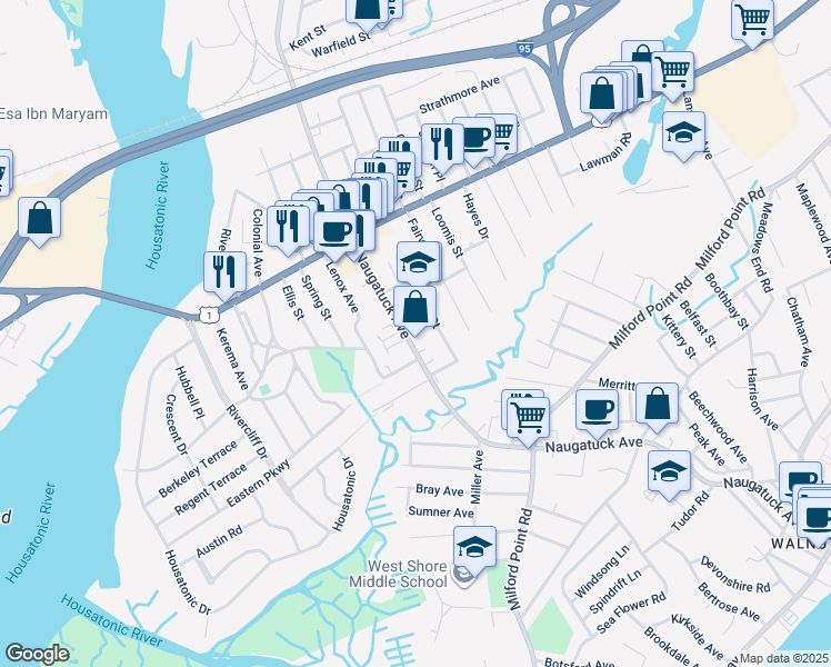 map of restaurants, bars, coffee shops, grocery stores, and more near 459 Naugatuck Avenue in Milford