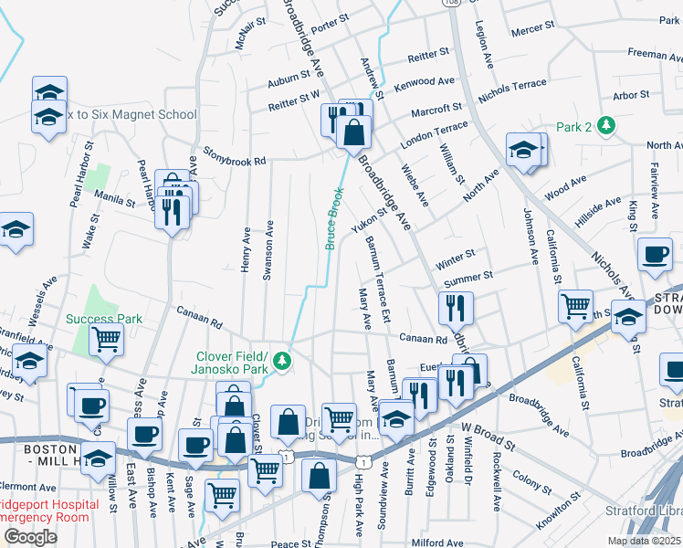 map of restaurants, bars, coffee shops, grocery stores, and more near 441 Franklin Avenue in Stratford