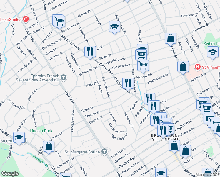 map of restaurants, bars, coffee shops, grocery stores, and more near 96 Everett Street in Bridgeport