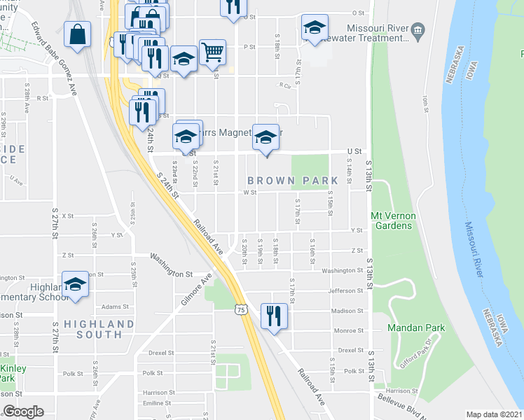 map of restaurants, bars, coffee shops, grocery stores, and more near 5829 South 19th Street in Omaha