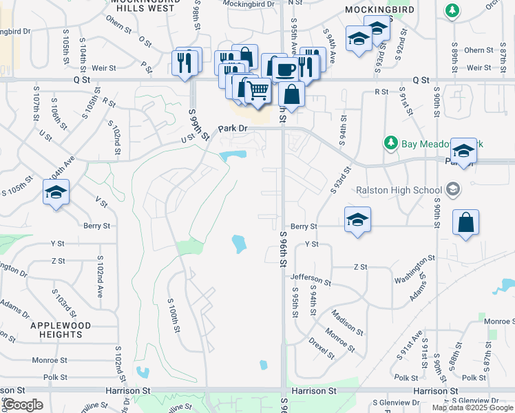 map of restaurants, bars, coffee shops, grocery stores, and more near 9658 Berry Plaza in Omaha
