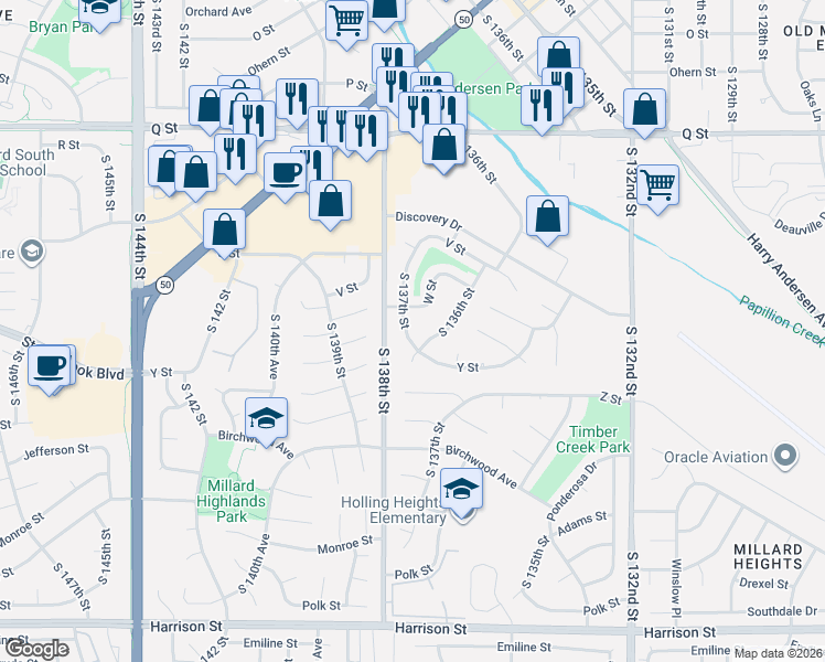 map of restaurants, bars, coffee shops, grocery stores, and more near 13624 Y Street in Omaha
