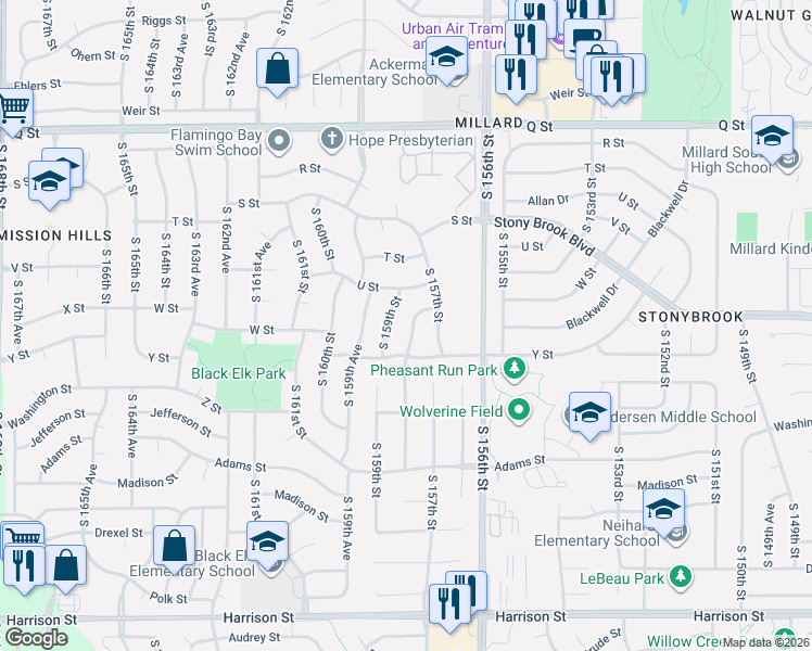 map of restaurants, bars, coffee shops, grocery stores, and more near 5809 South 159th Street in Omaha