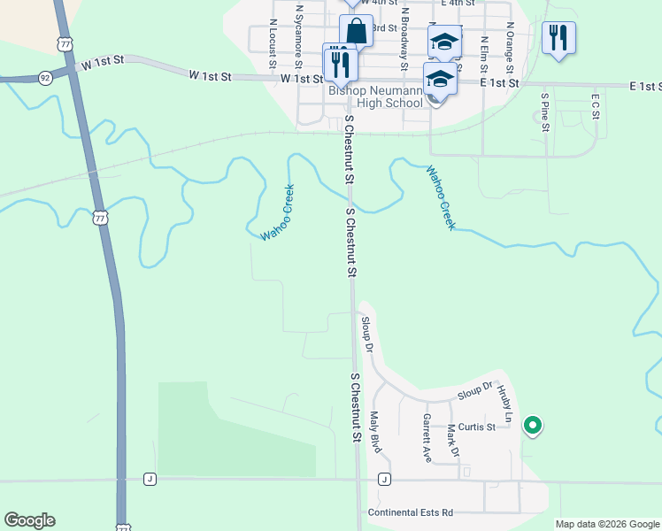 map of restaurants, bars, coffee shops, grocery stores, and more near in Wahoo