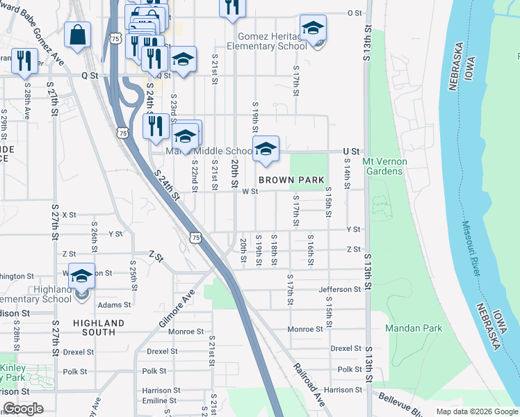 map of restaurants, bars, coffee shops, grocery stores, and more near 5829 South 19th Street in Omaha