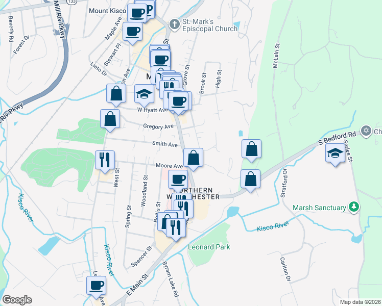 map of restaurants, bars, coffee shops, grocery stores, and more near 331 Main Street in Mount Kisco