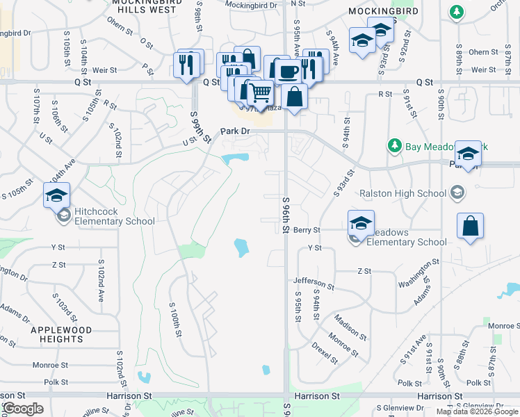 map of restaurants, bars, coffee shops, grocery stores, and more near 9670 Berry Plaza in Omaha