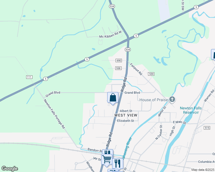 map of restaurants, bars, coffee shops, grocery stores, and more near 5017 Market Street in Newton Falls