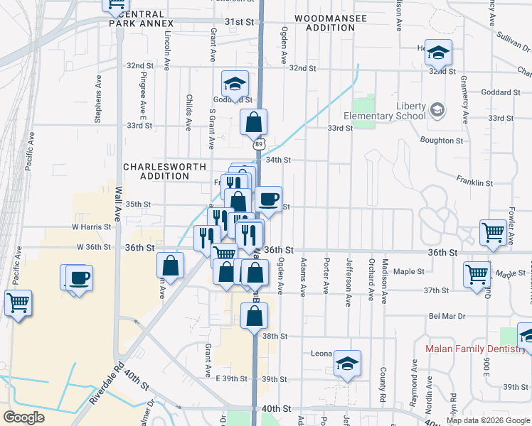 map of restaurants, bars, coffee shops, grocery stores, and more near 3508 Washington Boulevard in Ogden