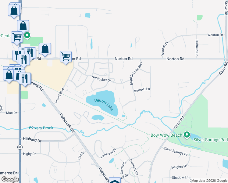 map of restaurants, bars, coffee shops, grocery stores, and more near 5044 Lake Point Court in Stow