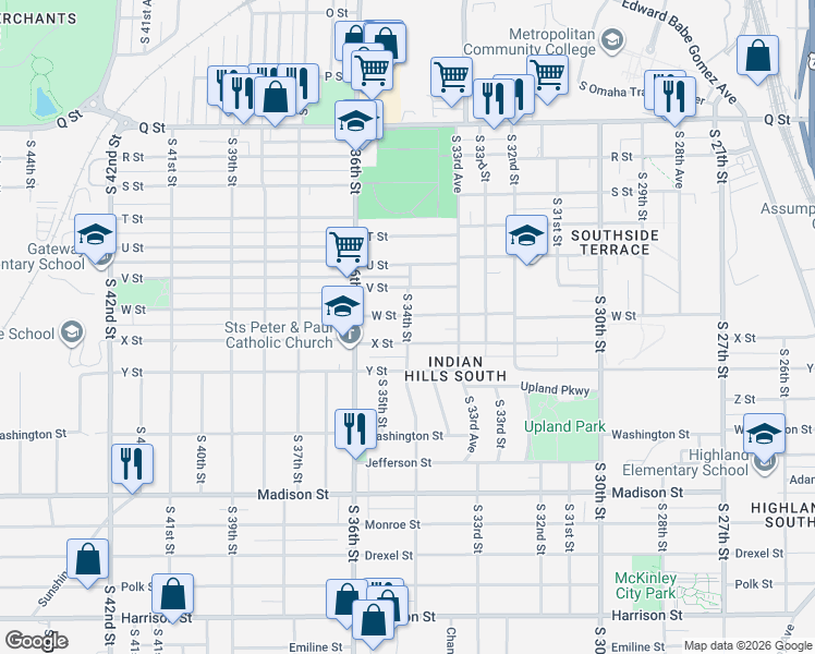 map of restaurants, bars, coffee shops, grocery stores, and more near 3504 X Street in Omaha