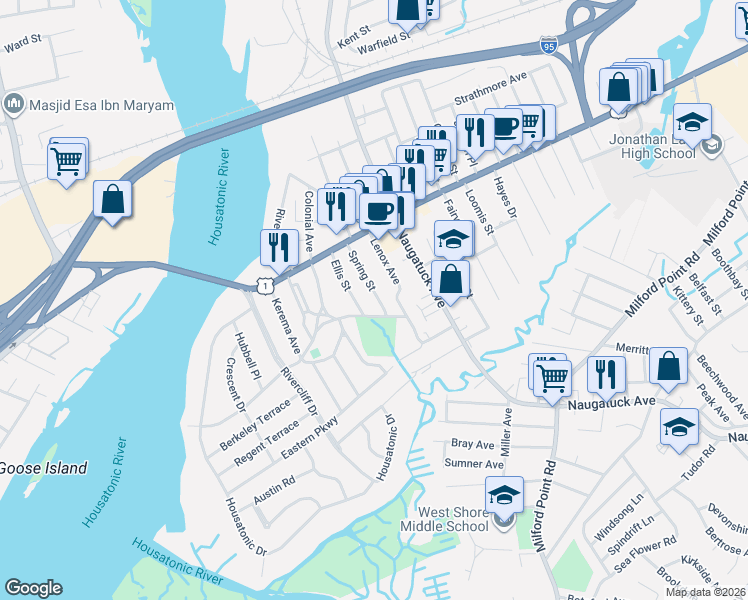 map of restaurants, bars, coffee shops, grocery stores, and more near 57 Spring Street in Milford