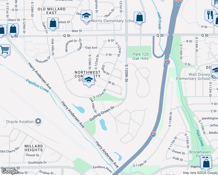 map of restaurants, bars, coffee shops, grocery stores, and more near 12167 Sandra Lane in Omaha