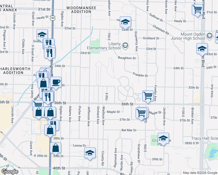 map of restaurants, bars, coffee shops, grocery stores, and more near 3502 Madison Avenue in Ogden