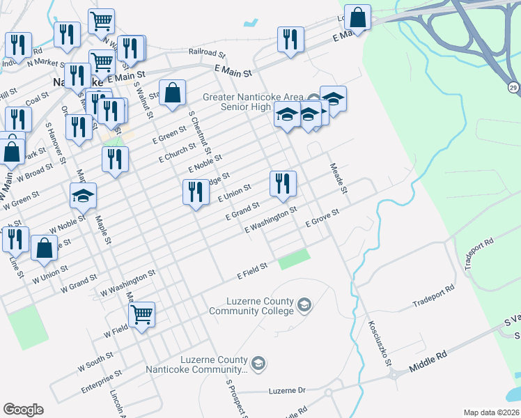 map of restaurants, bars, coffee shops, grocery stores, and more near 365 East Washington Street in Nanticoke