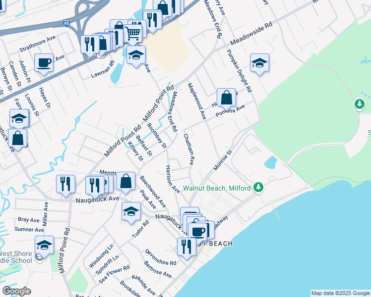 map of restaurants, bars, coffee shops, grocery stores, and more near 70 Chatham Avenue in Milford