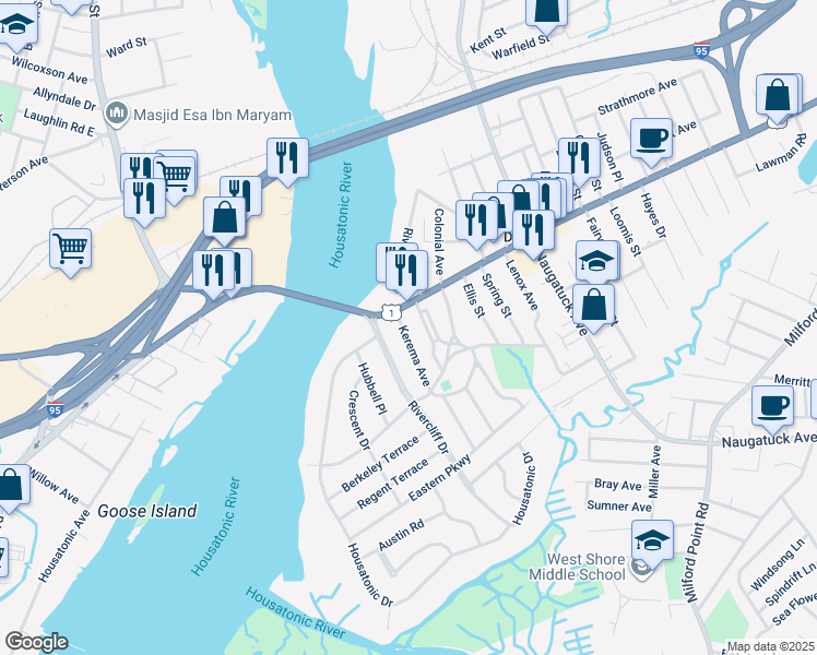 map of restaurants, bars, coffee shops, grocery stores, and more near 27 Kerema Avenue in Milford