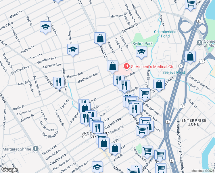 map of restaurants, bars, coffee shops, grocery stores, and more near 419 Hawley Avenue in Bridgeport