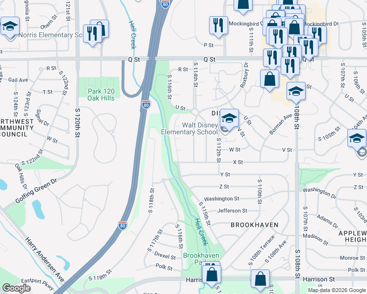 map of restaurants, bars, coffee shops, grocery stores, and more near 11425 Laci Circle in Omaha