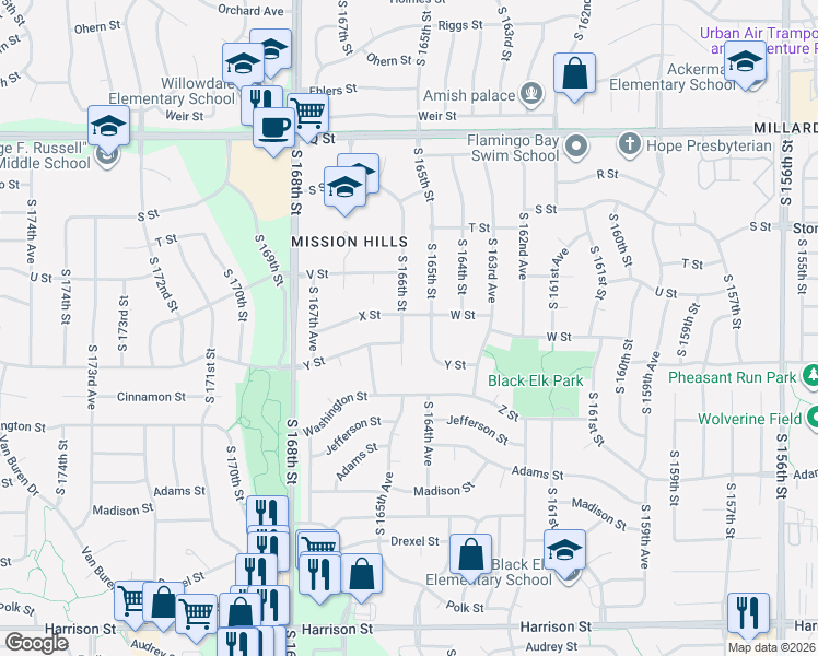 map of restaurants, bars, coffee shops, grocery stores, and more near 5906 South 165th Street in Omaha