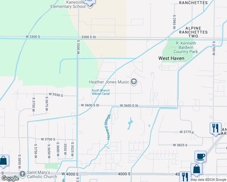 map of restaurants, bars, coffee shops, grocery stores, and more near 3278 West 3550 South Street in West Haven