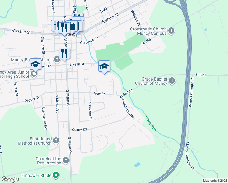 map of restaurants, bars, coffee shops, grocery stores, and more near 141 New Street in Muncy