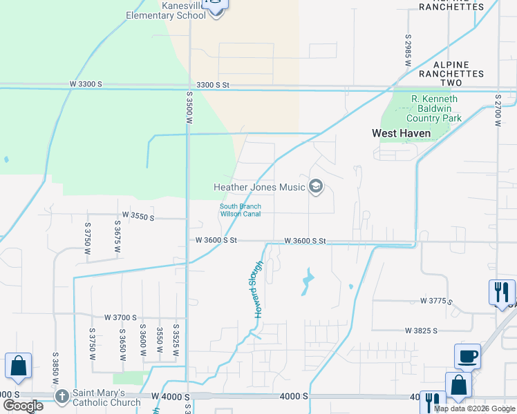 map of restaurants, bars, coffee shops, grocery stores, and more near 3306 West 3550 South Street in West Haven