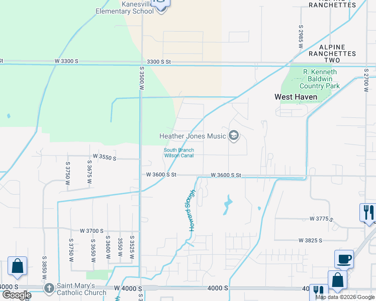 map of restaurants, bars, coffee shops, grocery stores, and more near 3320 West 3550 South Street in West Haven