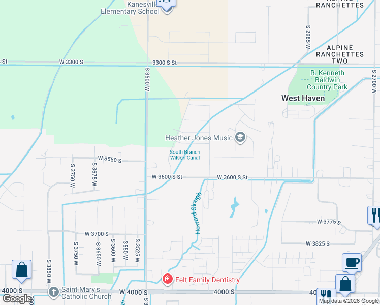 map of restaurants, bars, coffee shops, grocery stores, and more near 3334 West 3550 South Street in West Haven