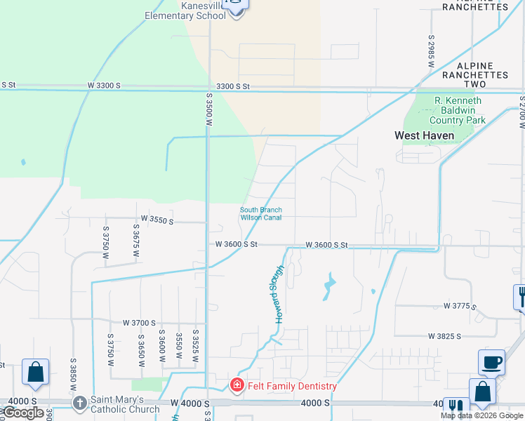 map of restaurants, bars, coffee shops, grocery stores, and more near 3348 West 3550 South Street in West Haven