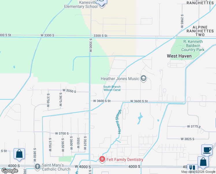 map of restaurants, bars, coffee shops, grocery stores, and more near 3376 West 3550 South Street in West Haven