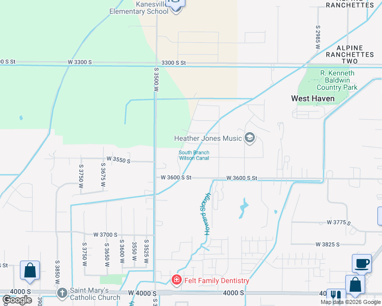 map of restaurants, bars, coffee shops, grocery stores, and more near 3362 West 3550 South Street in West Haven