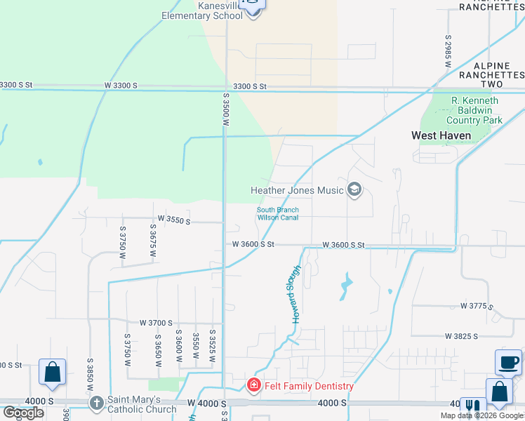 map of restaurants, bars, coffee shops, grocery stores, and more near 3390 West 3550 South Street in West Haven