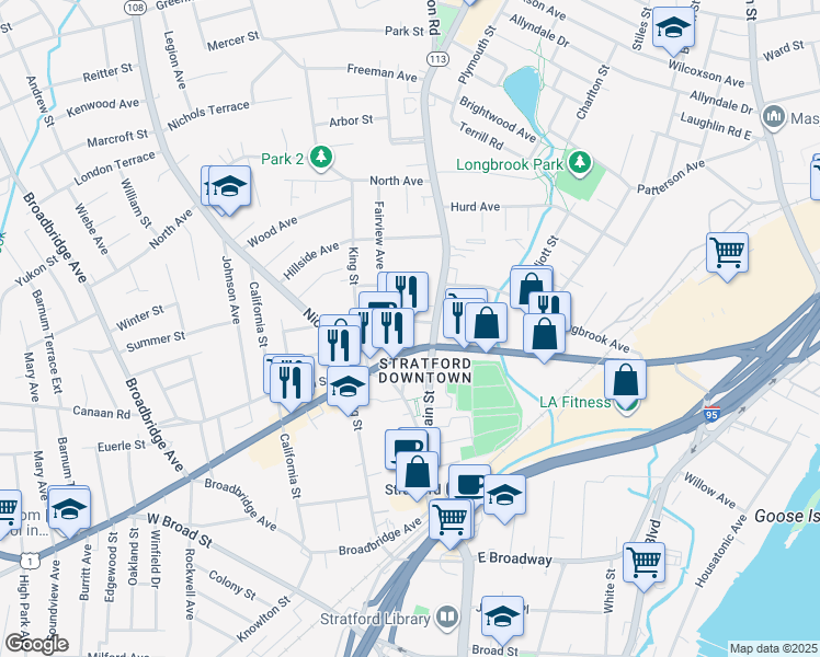 map of restaurants, bars, coffee shops, grocery stores, and more near 1038 Barnum Avenue in Stratford