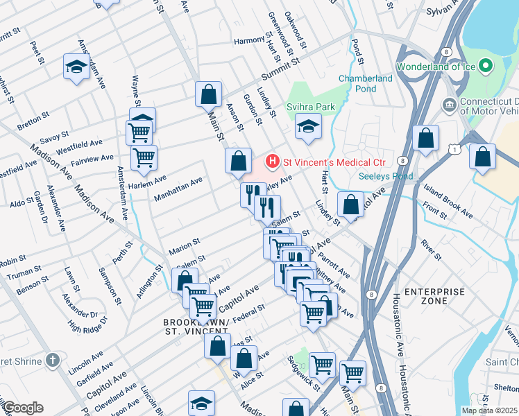 map of restaurants, bars, coffee shops, grocery stores, and more near 2660 Main Street in Bridgeport