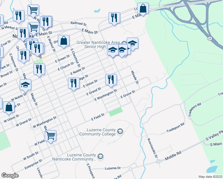map of restaurants, bars, coffee shops, grocery stores, and more near 911 College St in Nanticoke