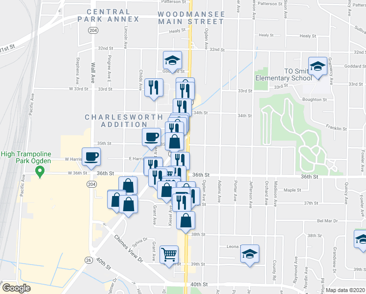 map of restaurants, bars, coffee shops, grocery stores, and more near 3532 Riverdale Road in Ogden