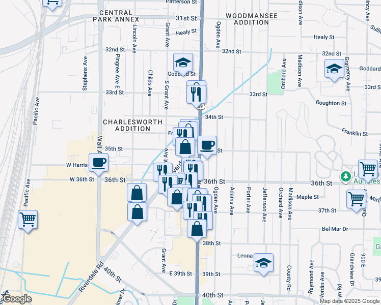 map of restaurants, bars, coffee shops, grocery stores, and more near 3532 Riverdale Road in Ogden