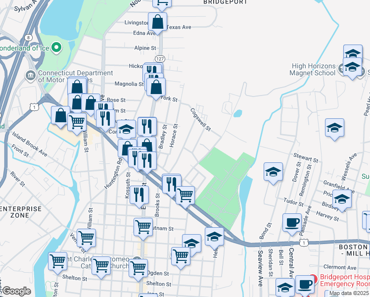 map of restaurants, bars, coffee shops, grocery stores, and more near 141 Goddard Avenue in Bridgeport