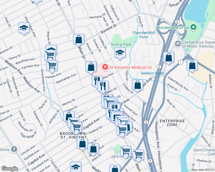 map of restaurants, bars, coffee shops, grocery stores, and more near 2660 Main Street in Bridgeport