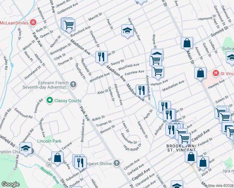 map of restaurants, bars, coffee shops, grocery stores, and more near 84 Garden Drive in Bridgeport