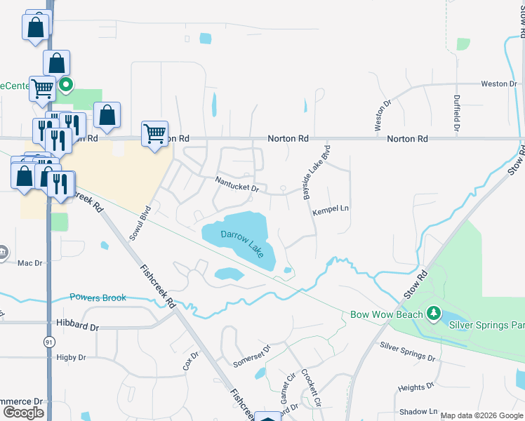 map of restaurants, bars, coffee shops, grocery stores, and more near 5044 Lake Point Court in Stow