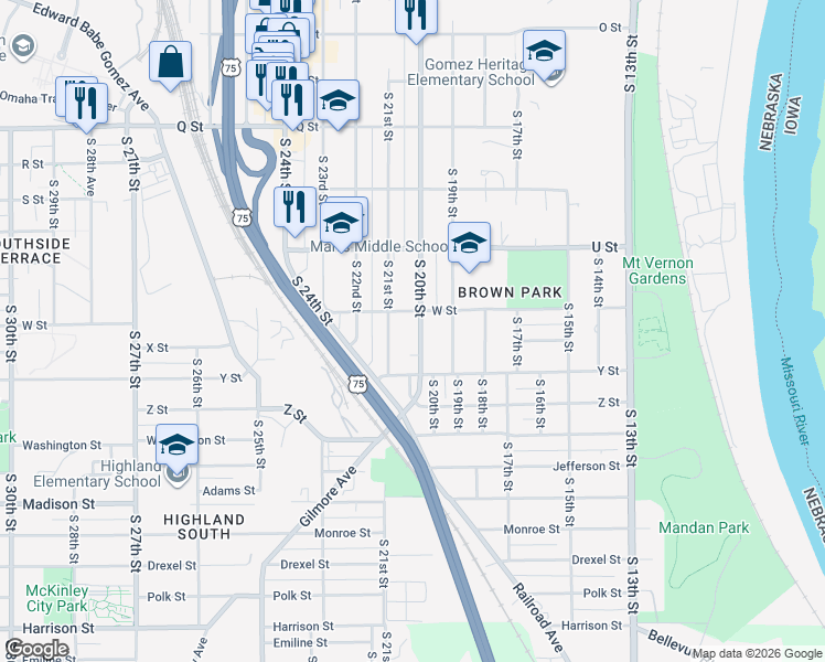 map of restaurants, bars, coffee shops, grocery stores, and more near 5835 South 20th Street in Omaha