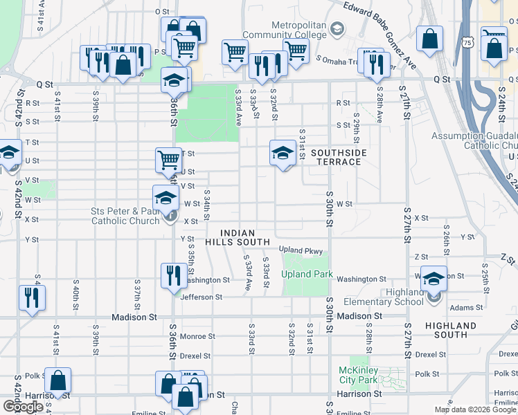 map of restaurants, bars, coffee shops, grocery stores, and more near 3302 X Street in Omaha